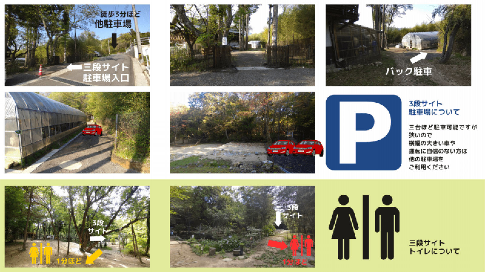 3段サイト駐車場について 三台ほど駐車可能ですが 狭いので横幅の大きい車や運転に自信のない方は他の駐車場をご利用ください 三段サイトトイレについて 3段サイト1分ほど